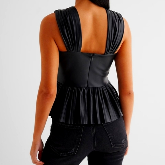Faux Leather Pleated Twist Front Peplum Tank - Picture 2 of 6